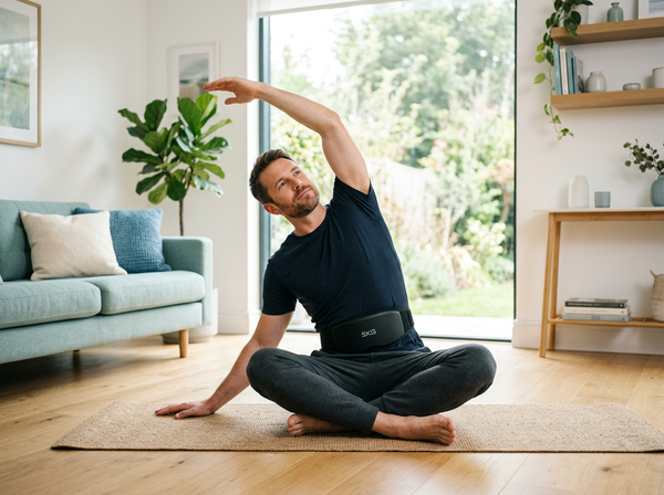 Man stretching on a living room floor