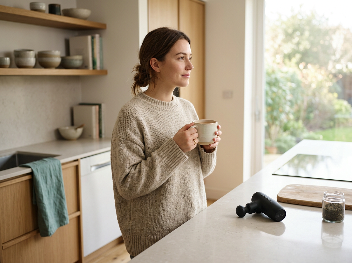 Woman holding a mug in a bright kitchen