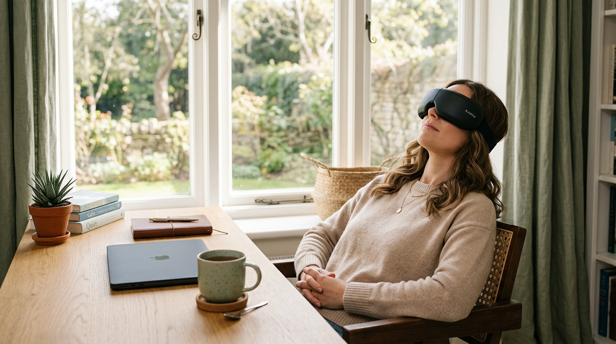 Woman relaxing by a window wearing an SKG eye massager